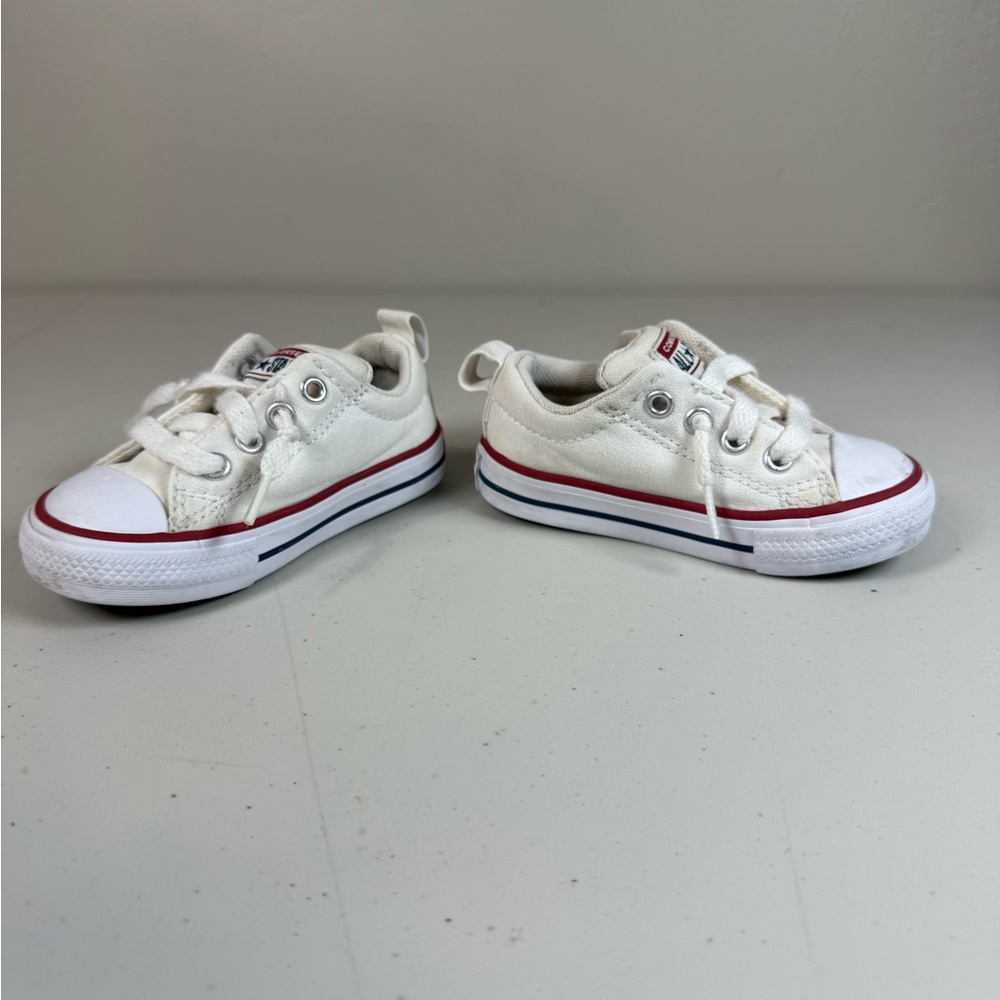 Converse Kids White Canvas Low Top Sneakers with Red and Blue Trim - Picture 6 of 8